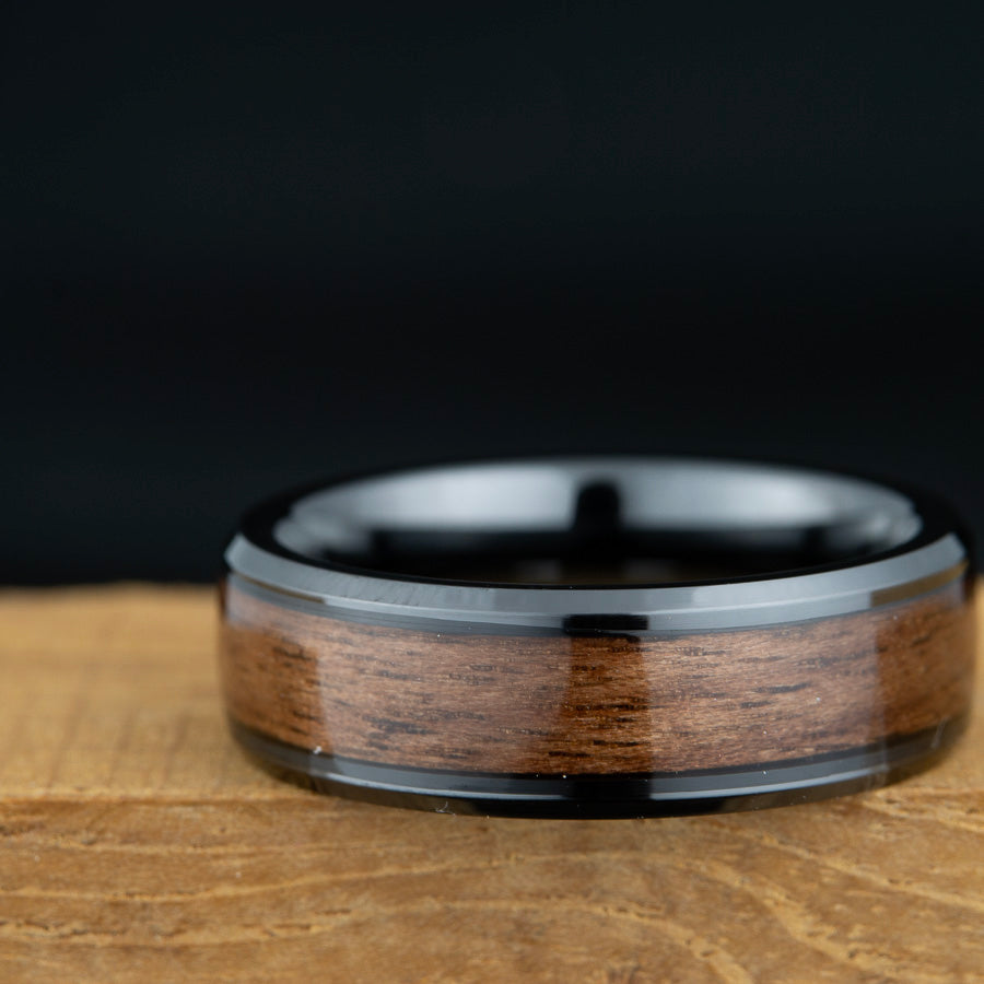 english walnut wood inlay ring, black ceramic band