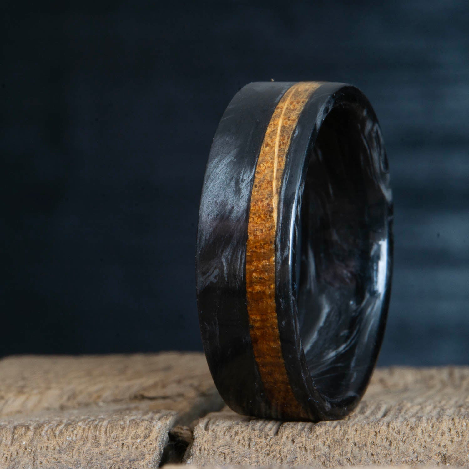 forged carbon fiber ring with whiskey barrel wood inlay