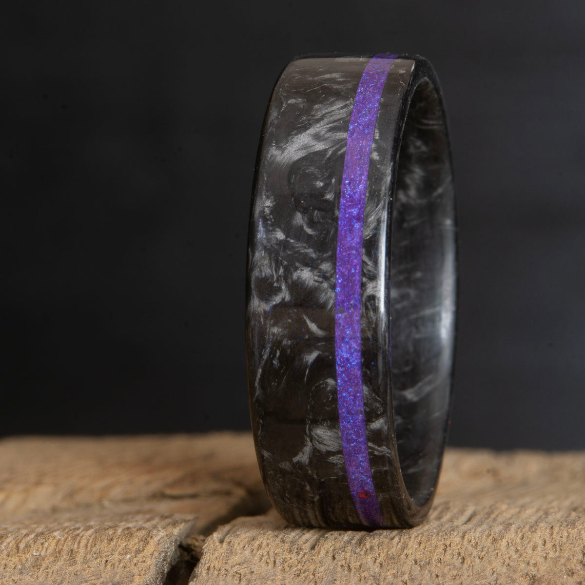 polished Forged carbon fiber ring with purple inlay