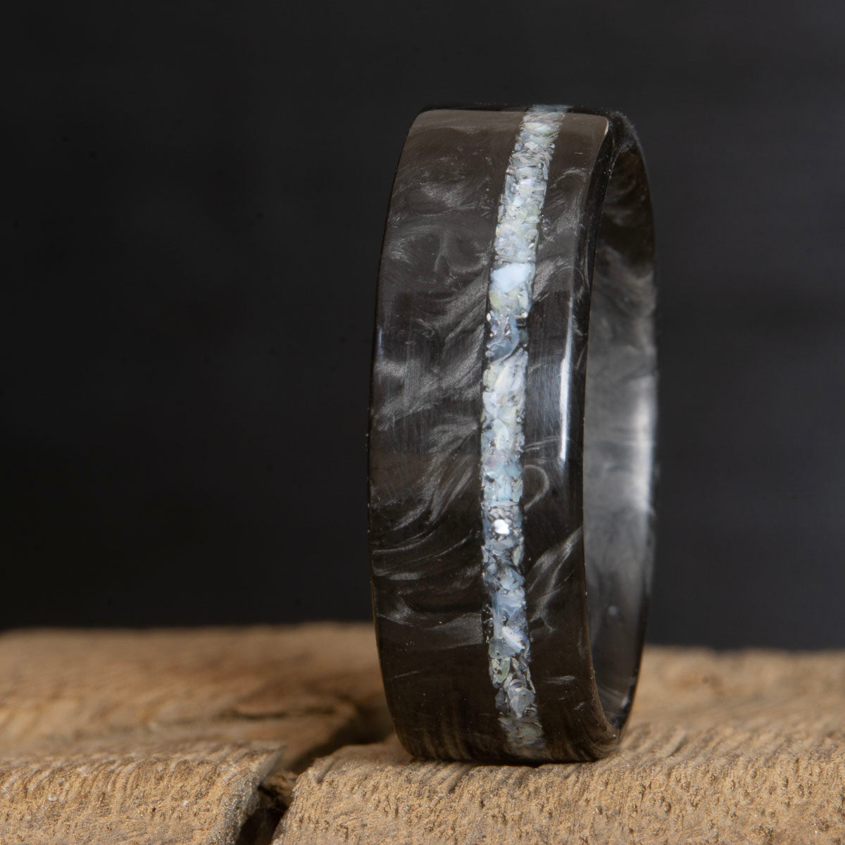 forged carbon fiber ring with mother of pearl inlay