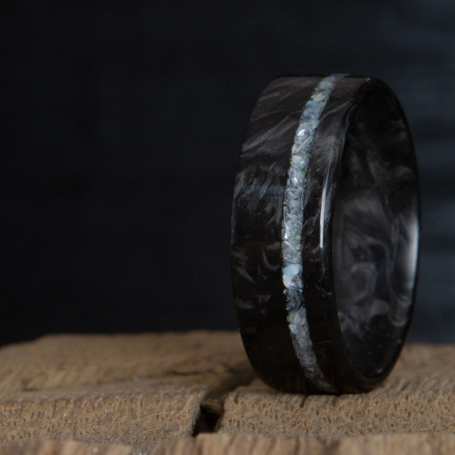 forged carbon fiber ring with mother of pearl inlay