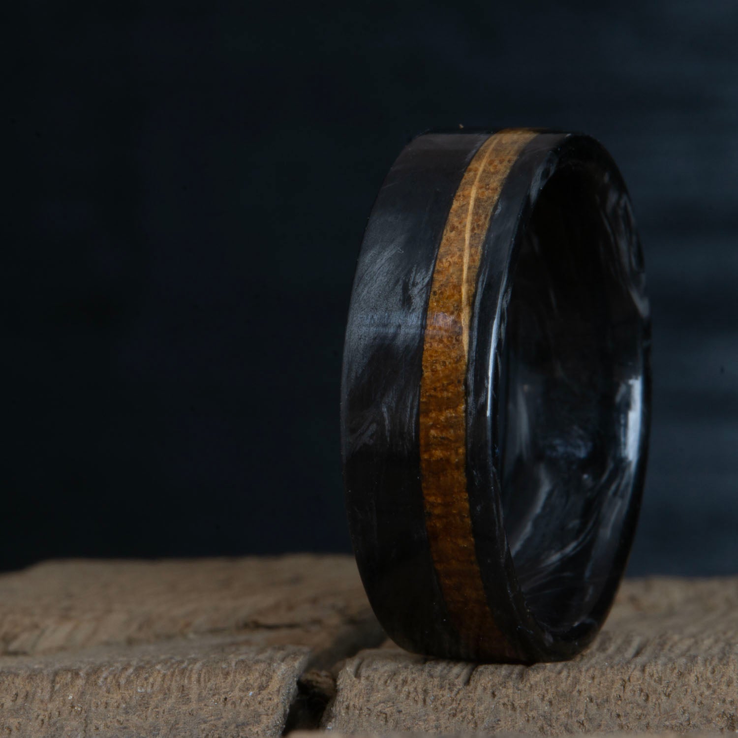 Forged carbon fiber ring with whiskey barrel wood