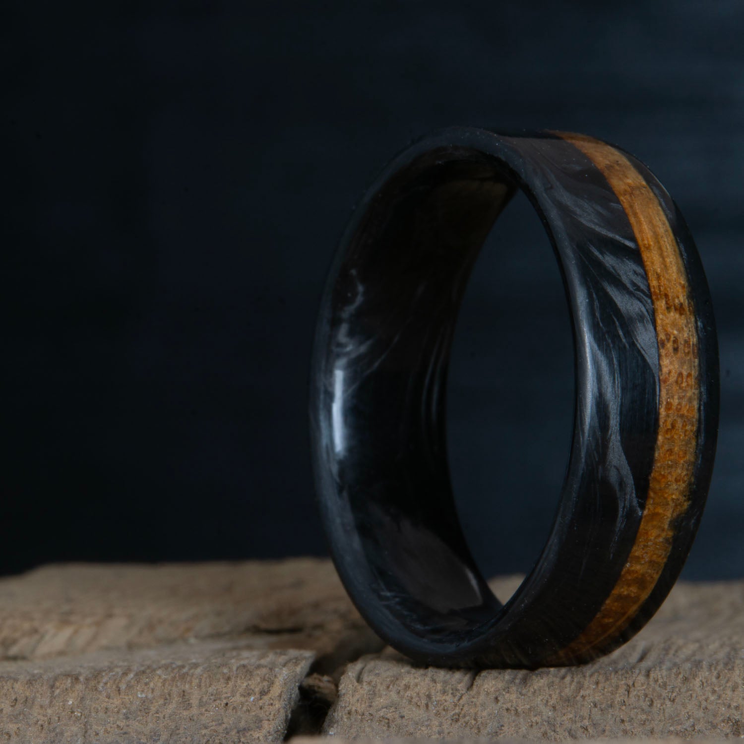 Forged carbon fiber ring with whiskey barrel wood