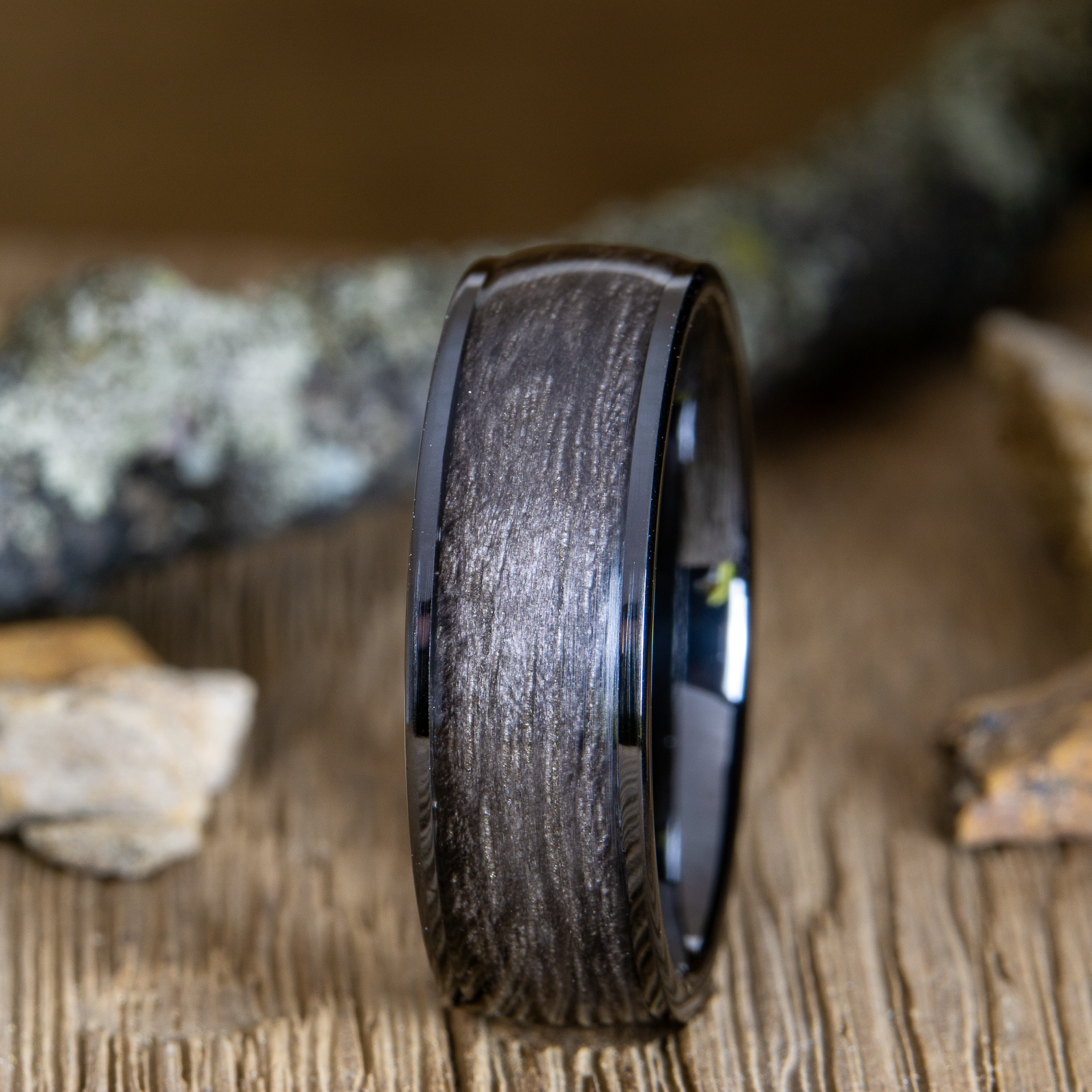 black ring with Old grey barnwood inlay
