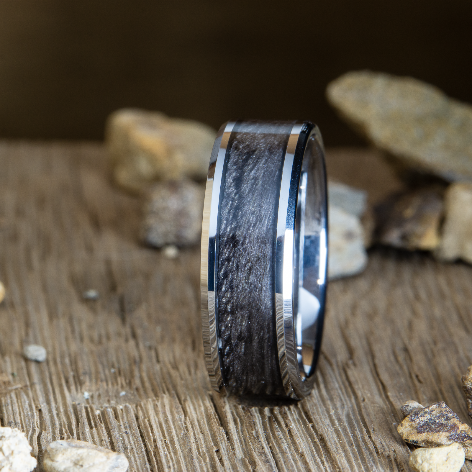 grey barnwood inlay tungsten band ring