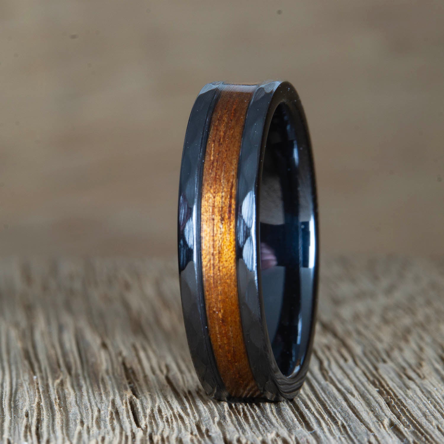 hammered black ring with Koa wood inlay