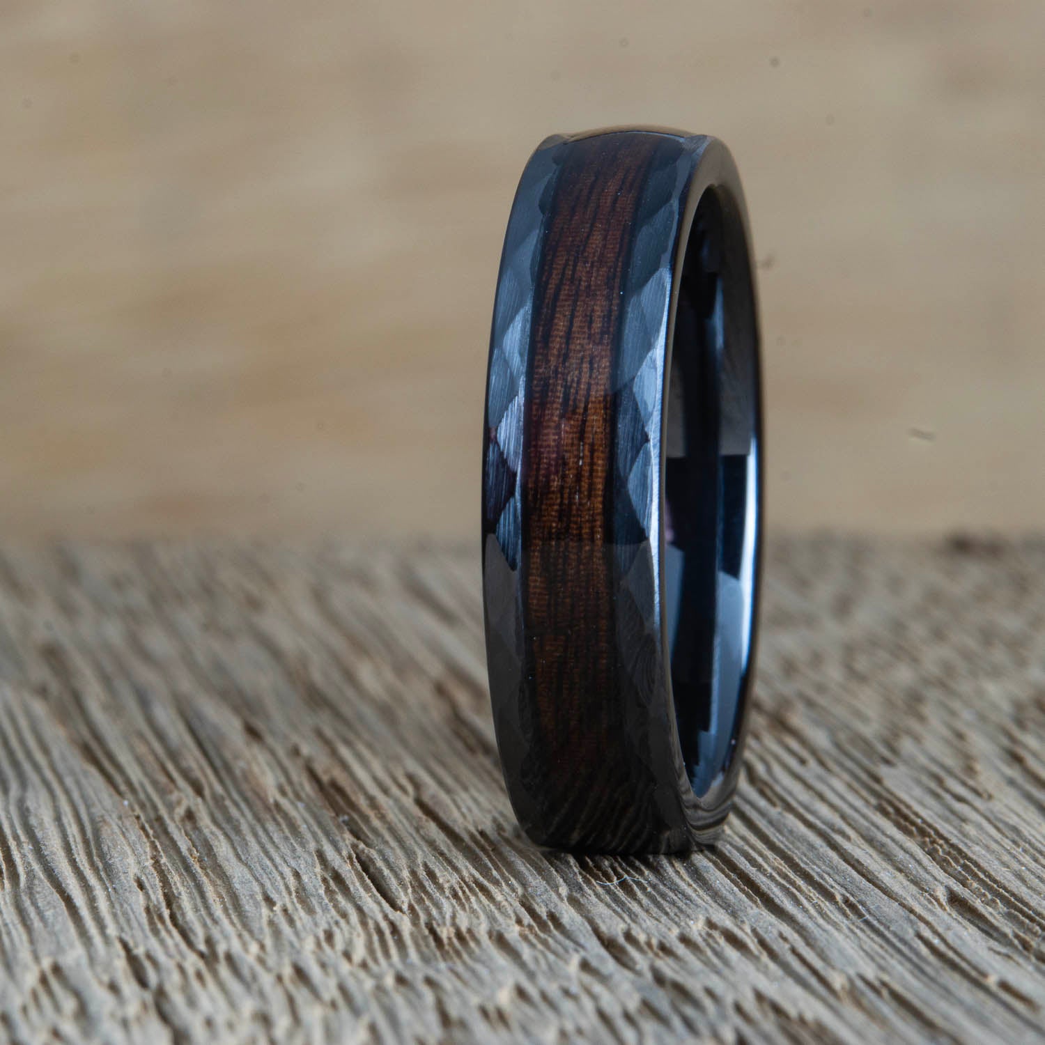 Hammered Black ring with Rosewood inlay