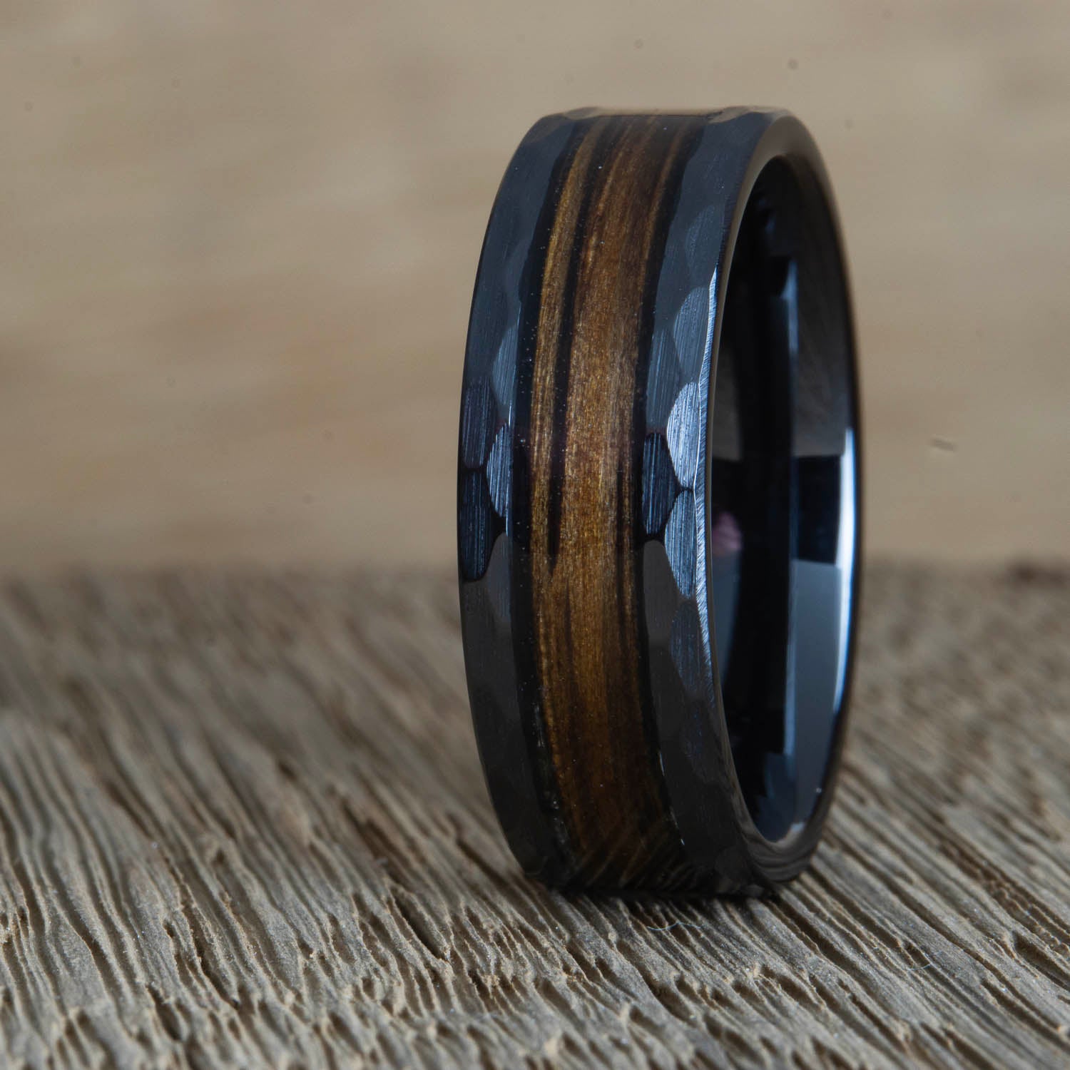 "The Whiskey Hammered" Hammered Black ring with Whiskey barrel wood
