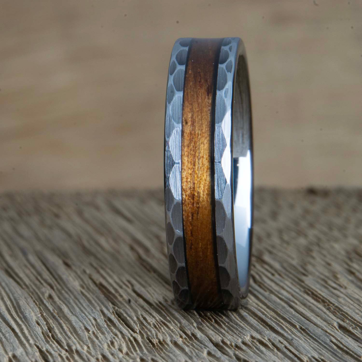 "Hammered Koa" Tungsten ring with hammered look and Koa wood inlay