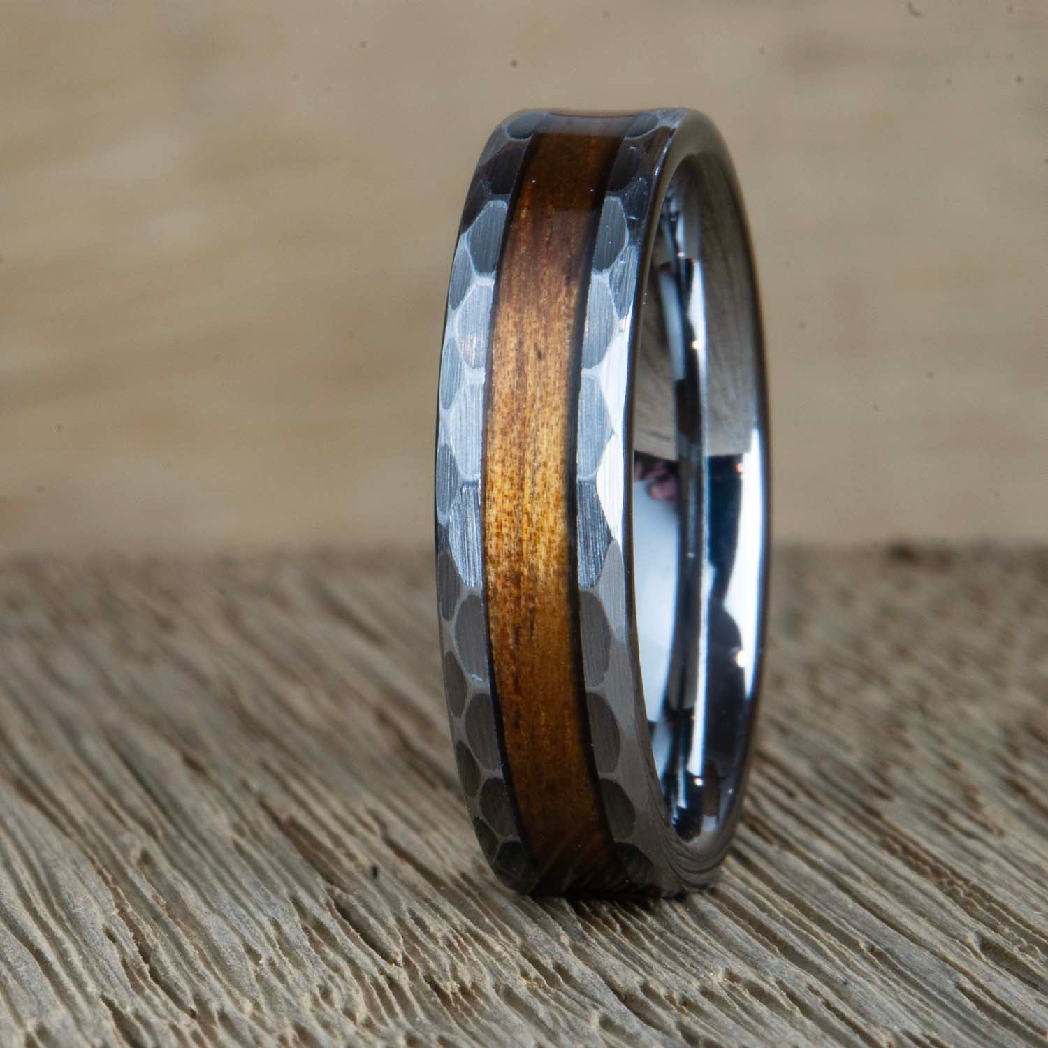"Hammered Koa" Tungsten ring with hammered look and Koa wood inlay
