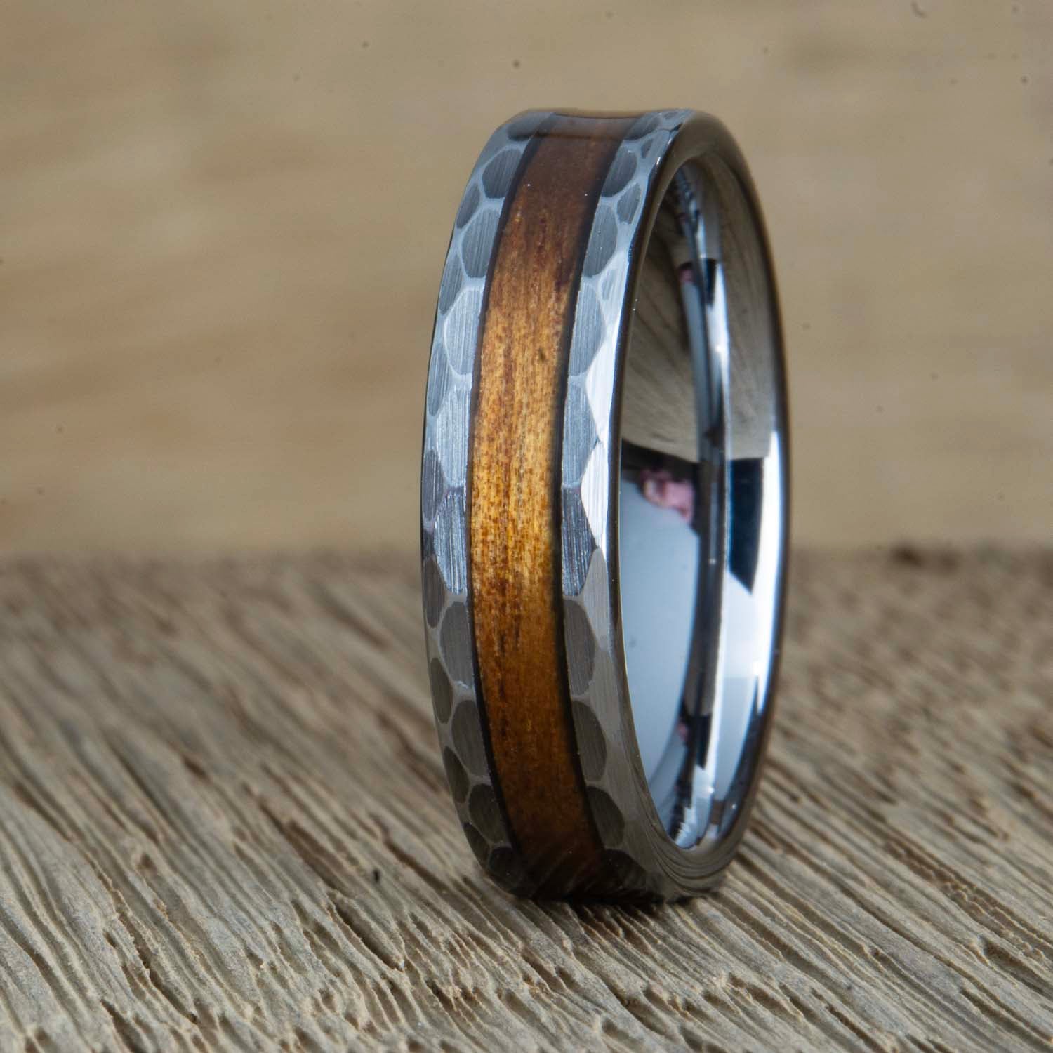 hammered tungsten ring with koa wood inlay