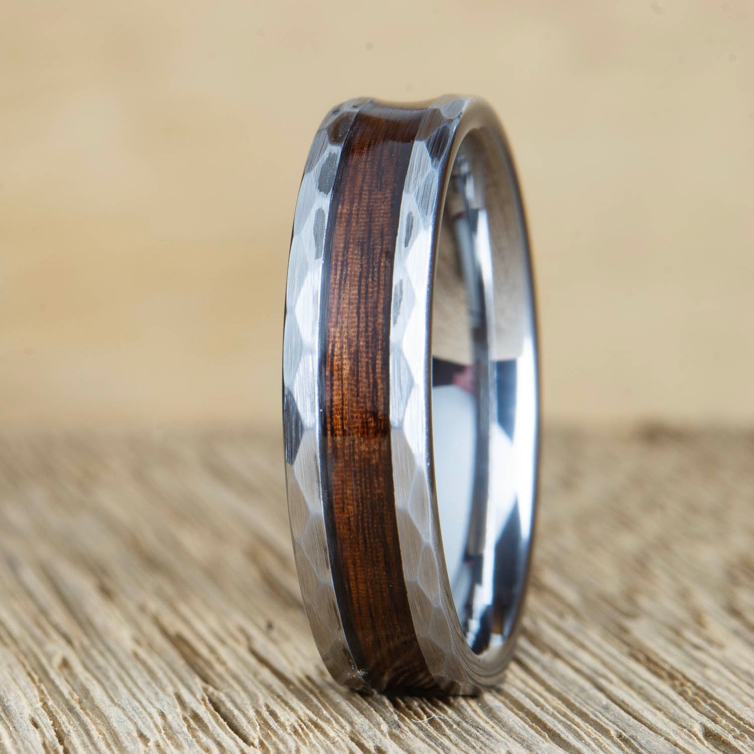 "The Hammered Rose" hammered tungsten 6mm wide ring with Rosewood