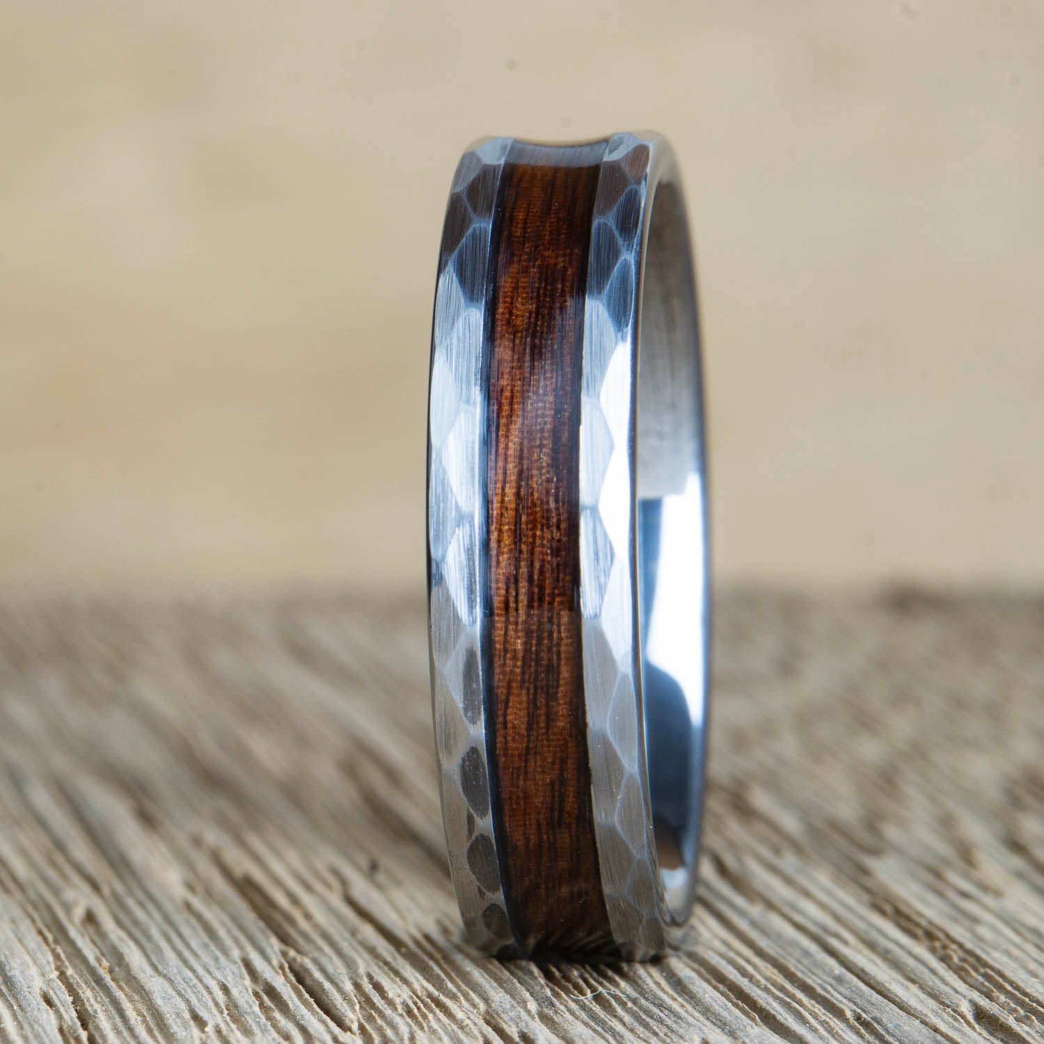 "The Hammered Rose" hammered tungsten 6mm wide ring with Rosewood