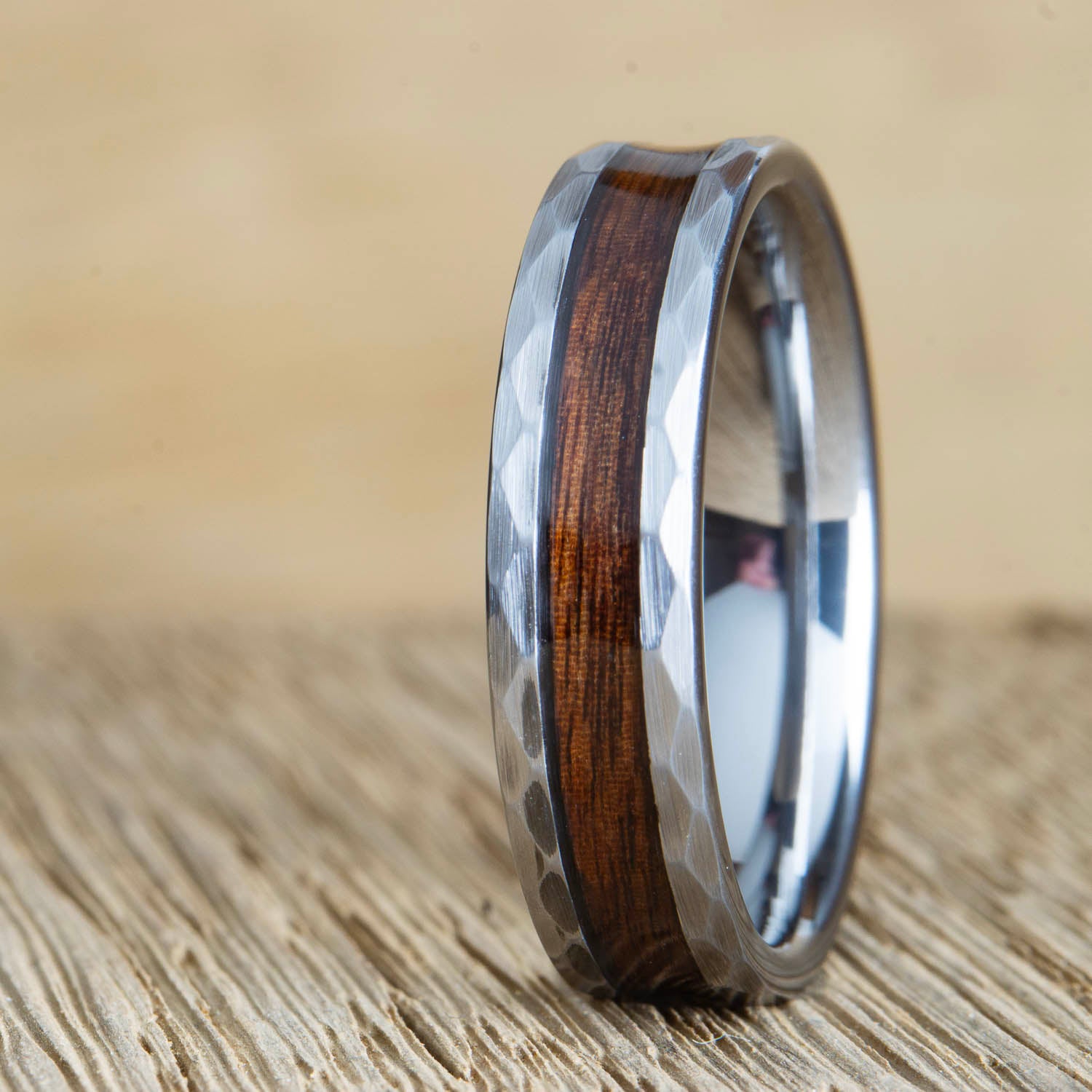 hammered tungsten ring with rosewood inlay