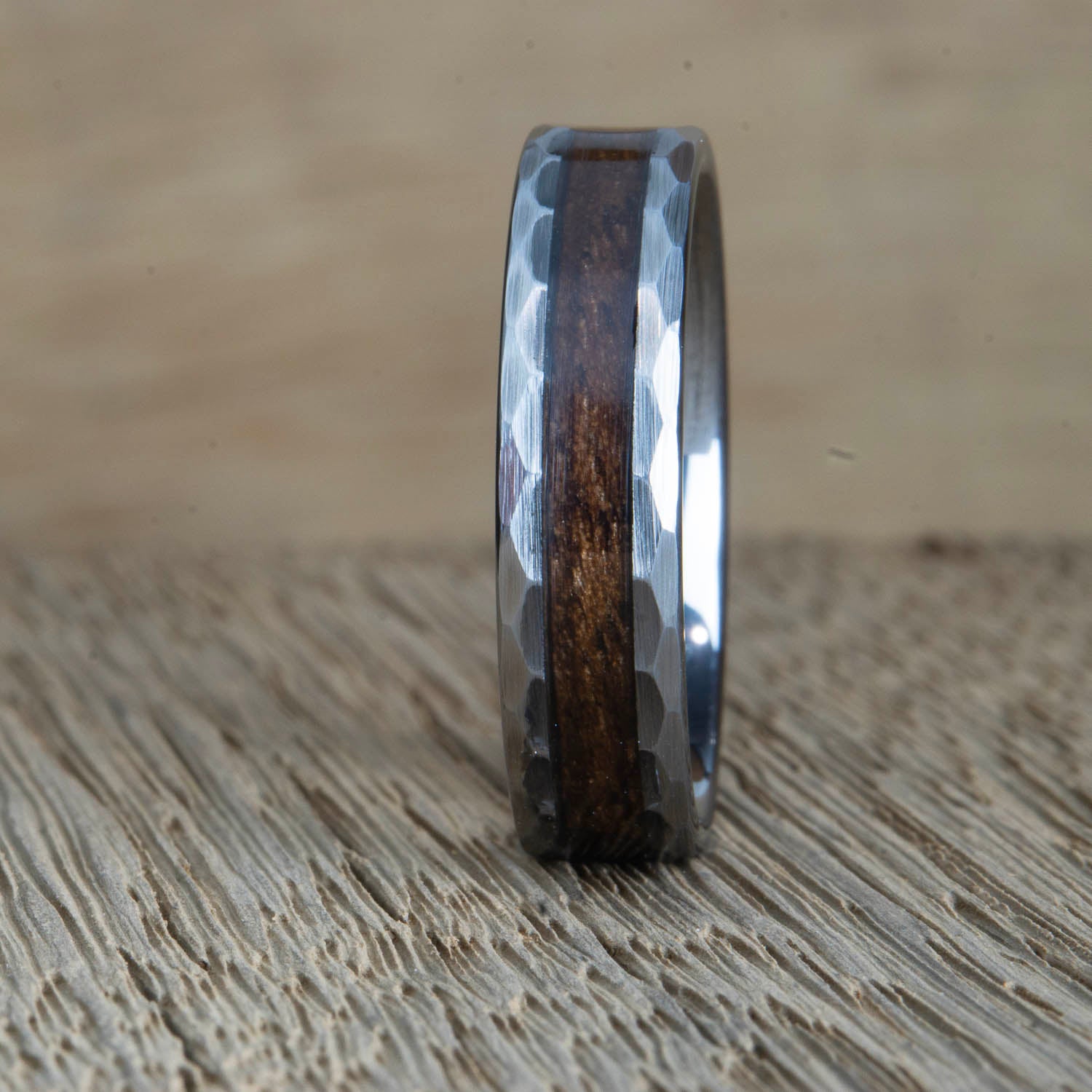 "Deep woods" Hammered tungsten ring with Walnut wood