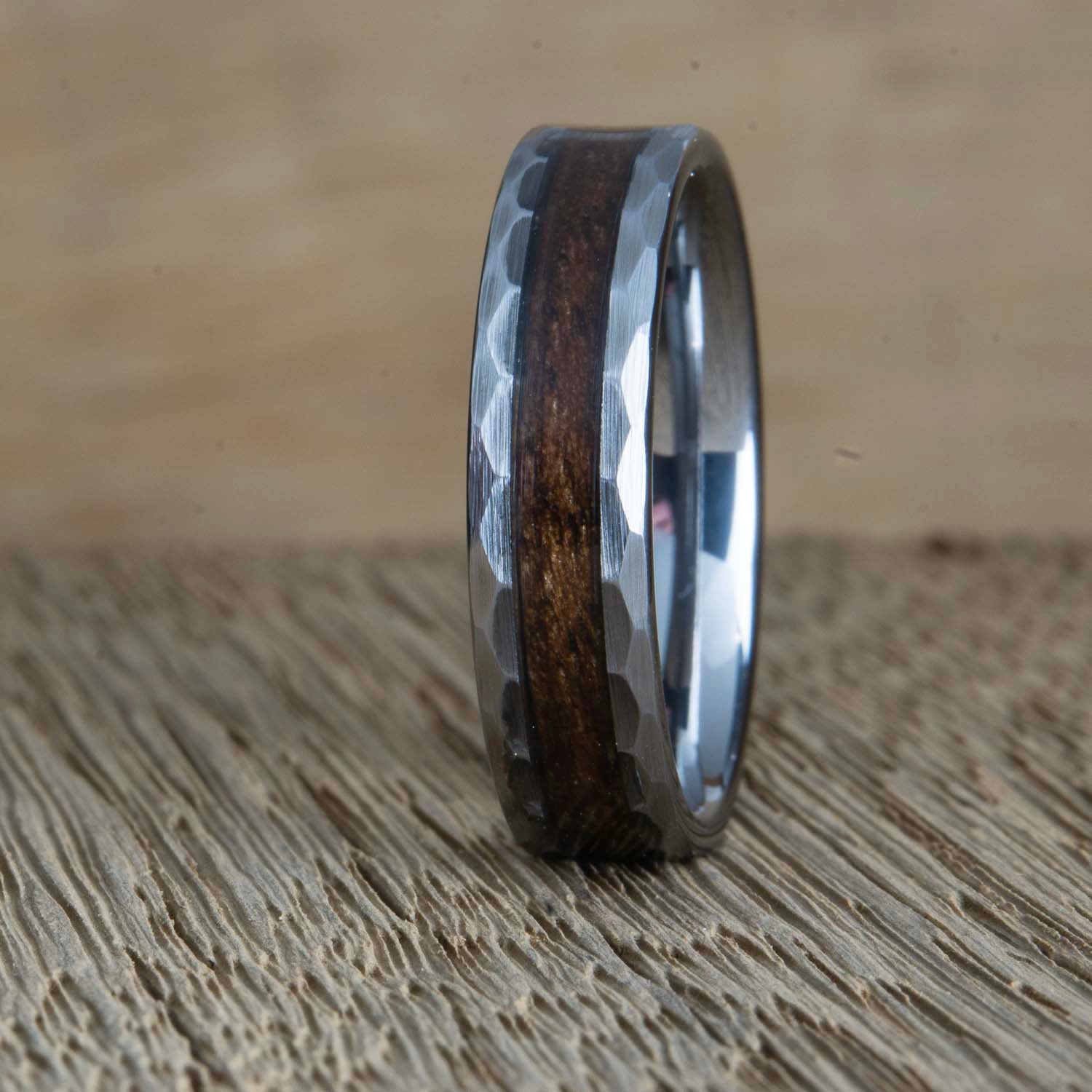 "Deep woods" Hammered tungsten ring with Walnut wood