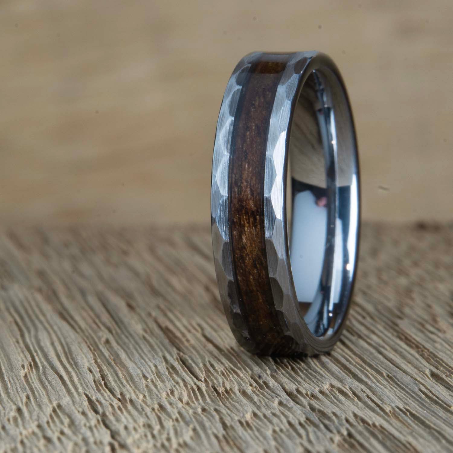 hammered tungsten ring with walnut wood inlay