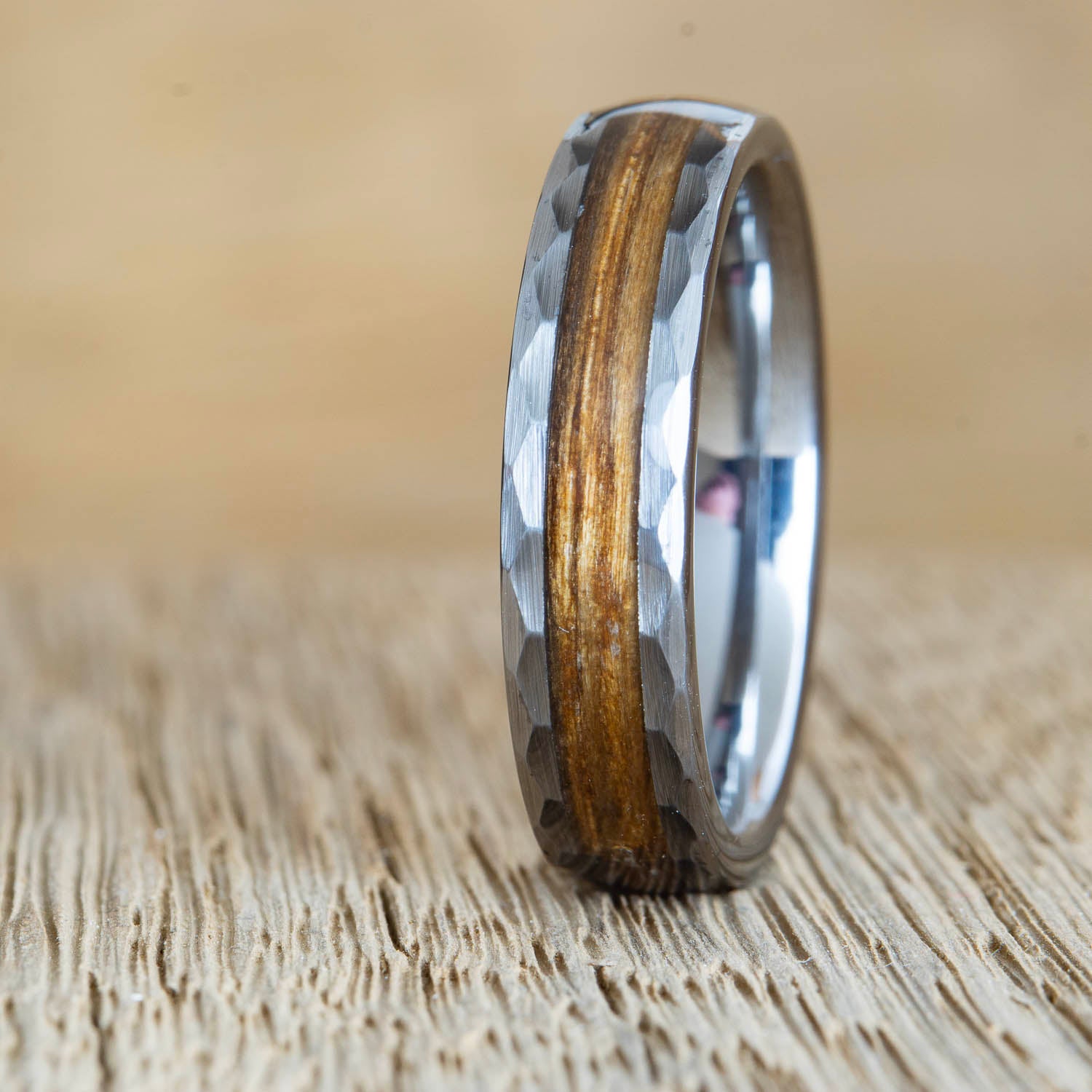 "The whiskey shot" Hammered Tungsten ring with whiskey barrel wood inlay