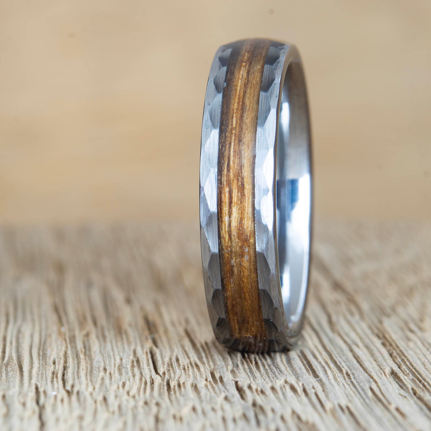 The whiskey shot- hammered tungsten wedding band ring with authentic whiskey barrel wood inlay