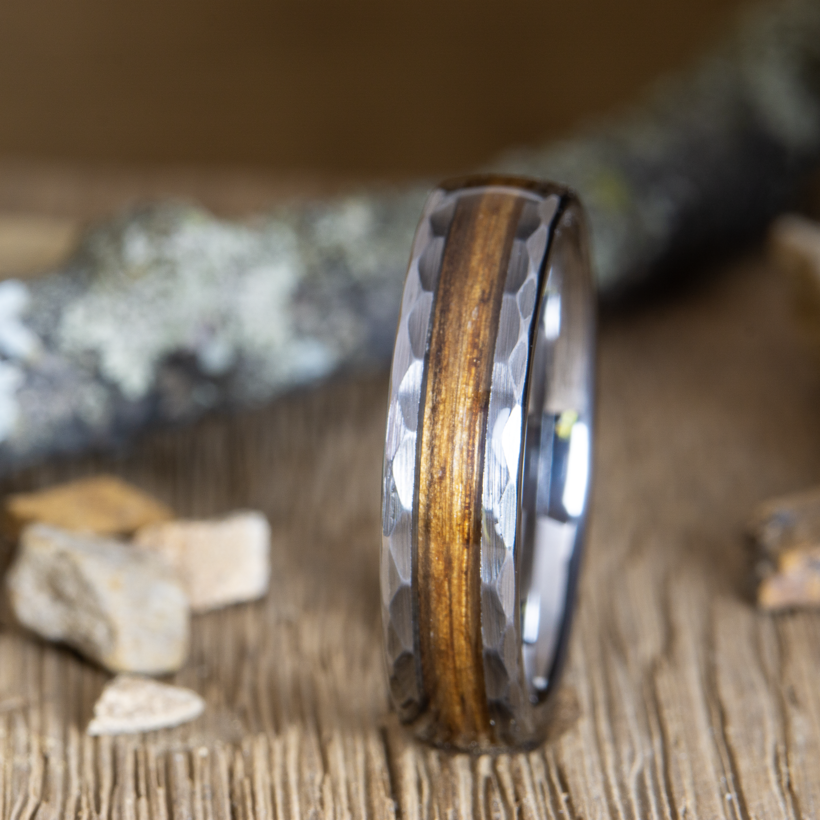 hammered tungsten ring with whiskey barrel wood