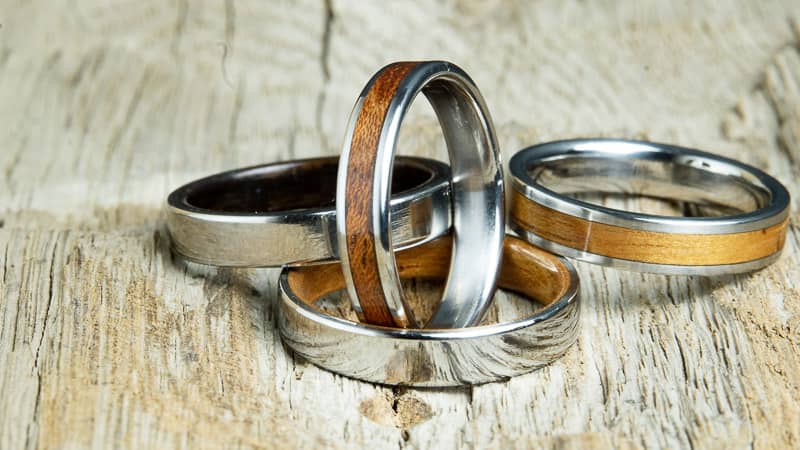 Womens wooden rings collection, custom wood rings for women made by Peacefield Titanium