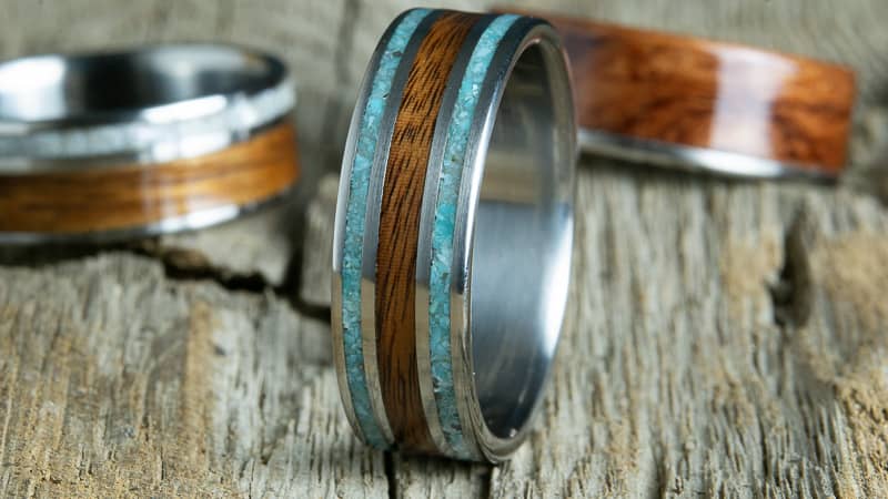 Mens wood wedding bands made by Peacefield Titanium, wooden rings for men 
