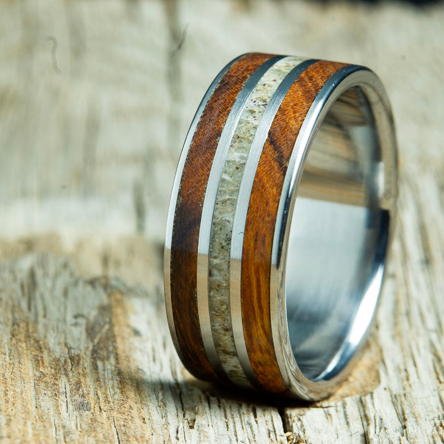 Antler ring with ironwood and titanium