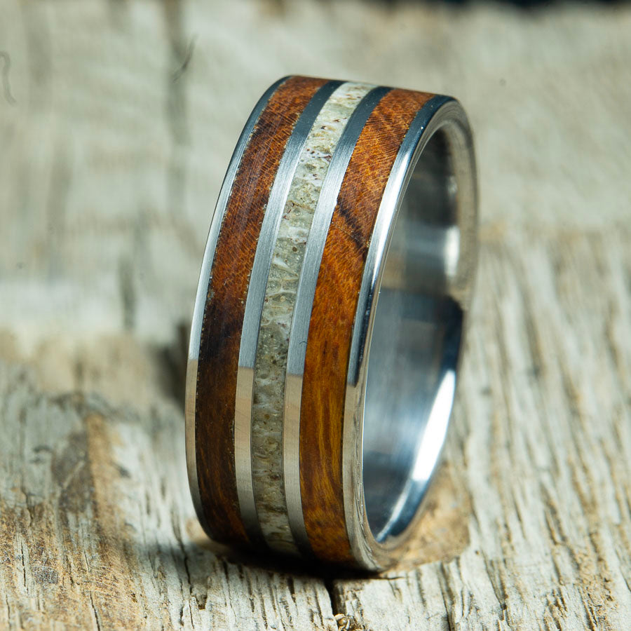 Antler and wood ring - Ironwood inlay wedding ring with antler