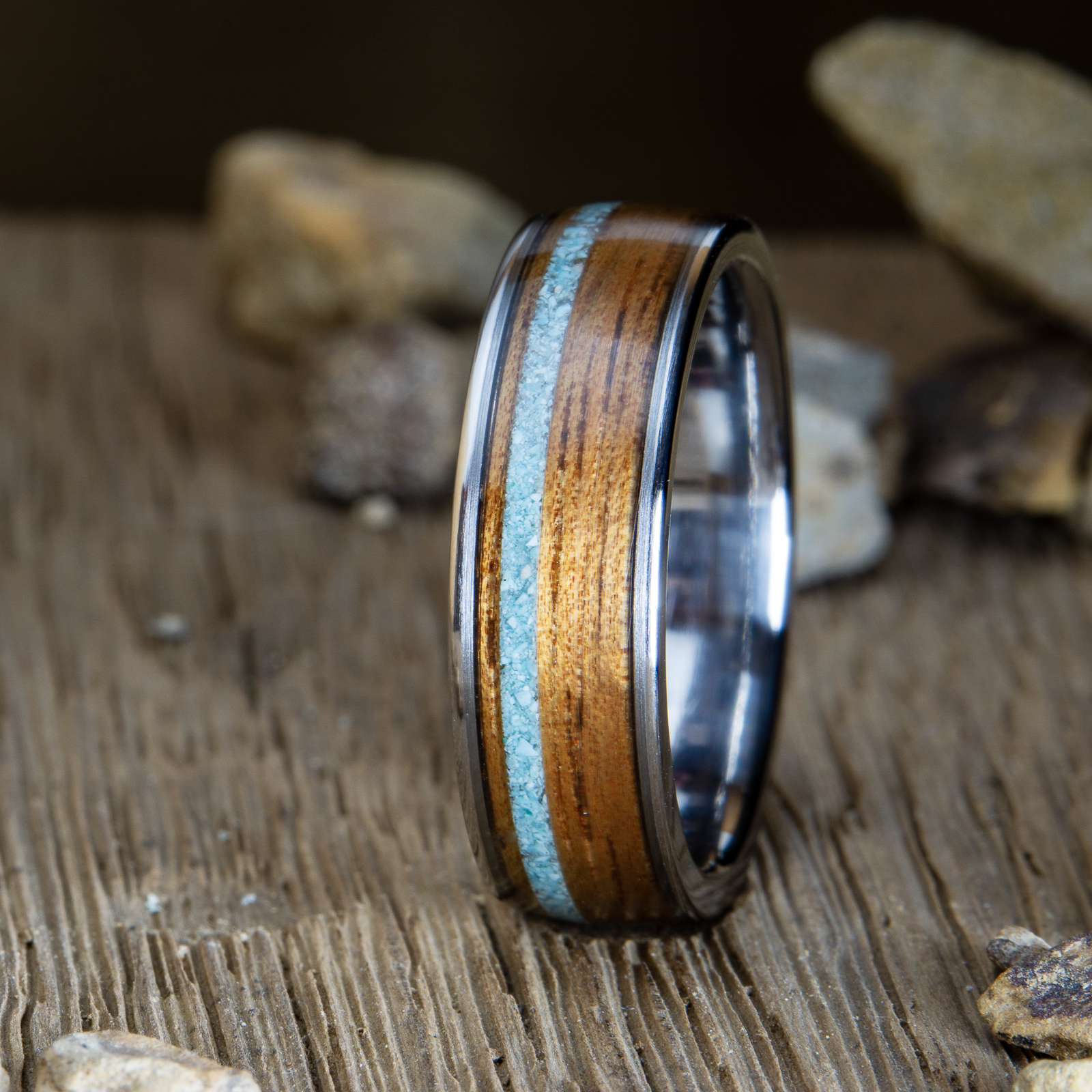 Koa wood ring with turquoise inlay
