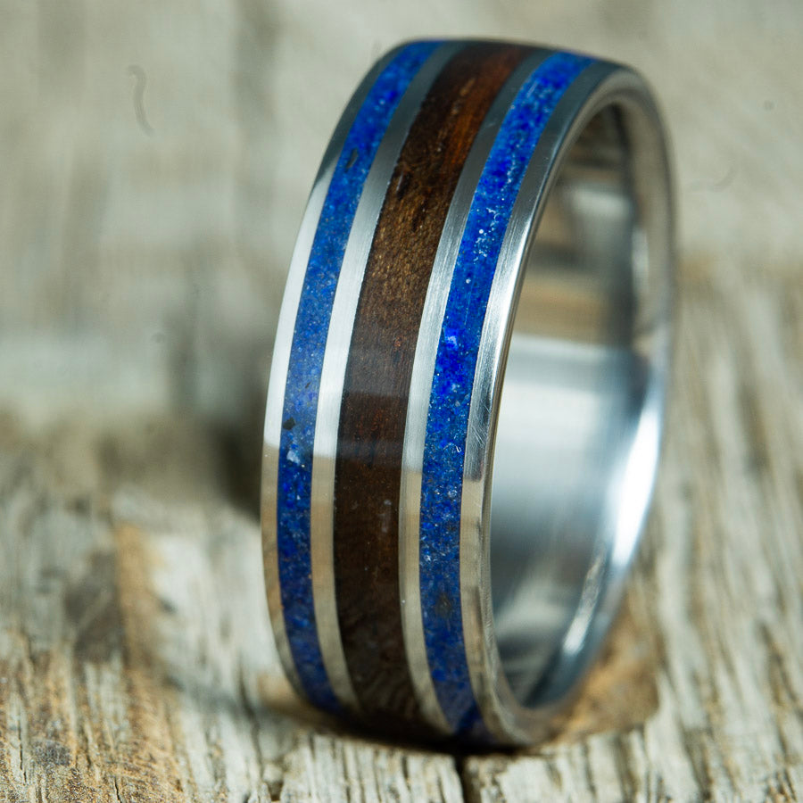 lapis stone inlay wedding ring with ebony wood