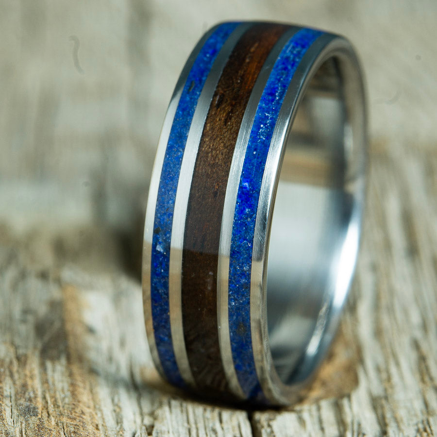 lapis stone inlay wedding ring with ebony wood