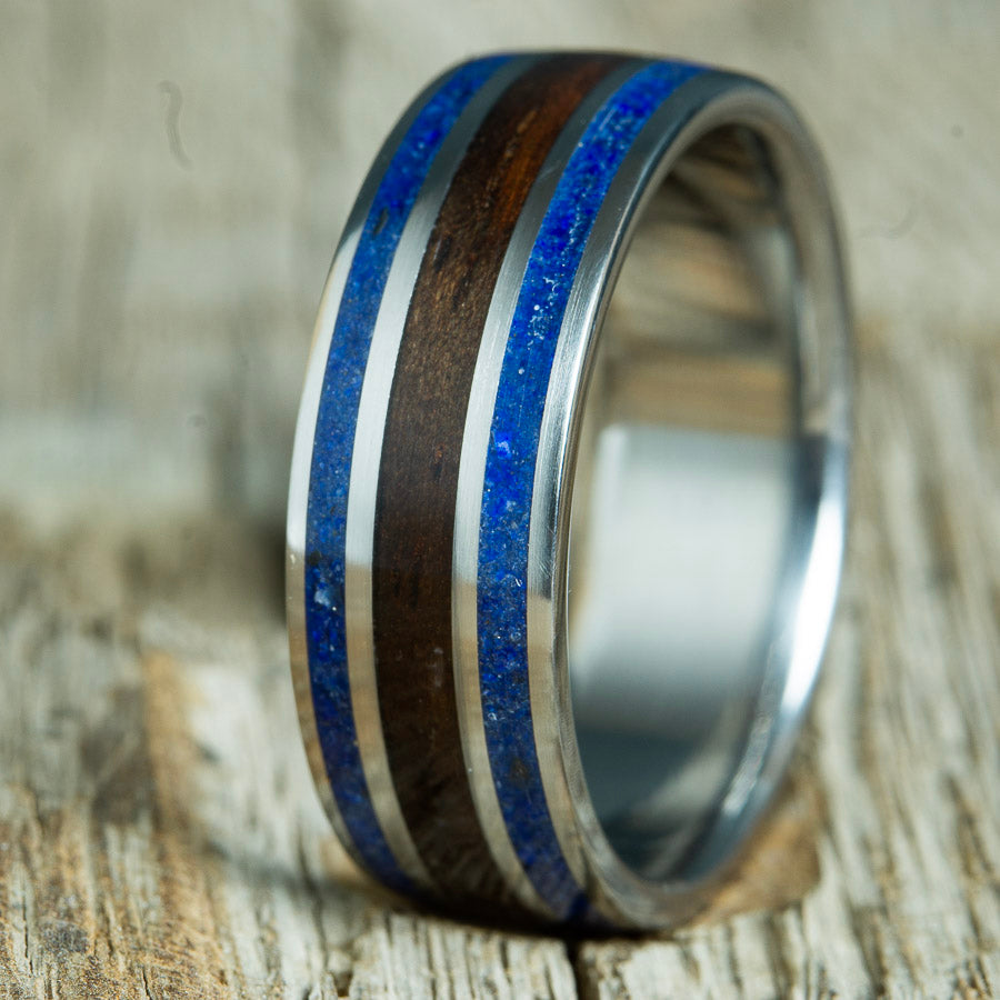 lapis stone inlay wedding ring with ebony wood