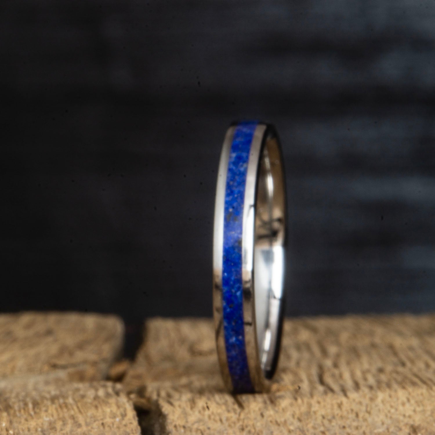 womens wedding band or engagement ring with titanium and lapis stone inlay