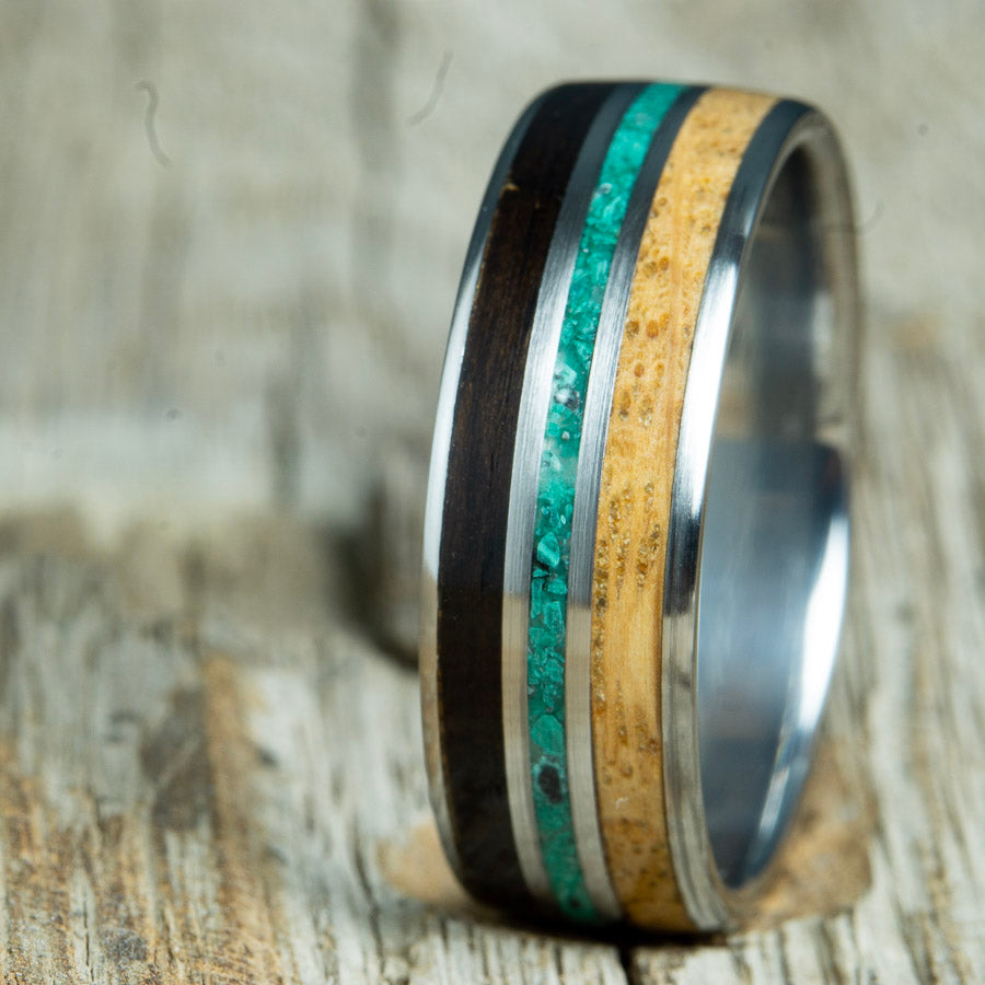 mens ring with whiskey wood and malachite and ebony wood