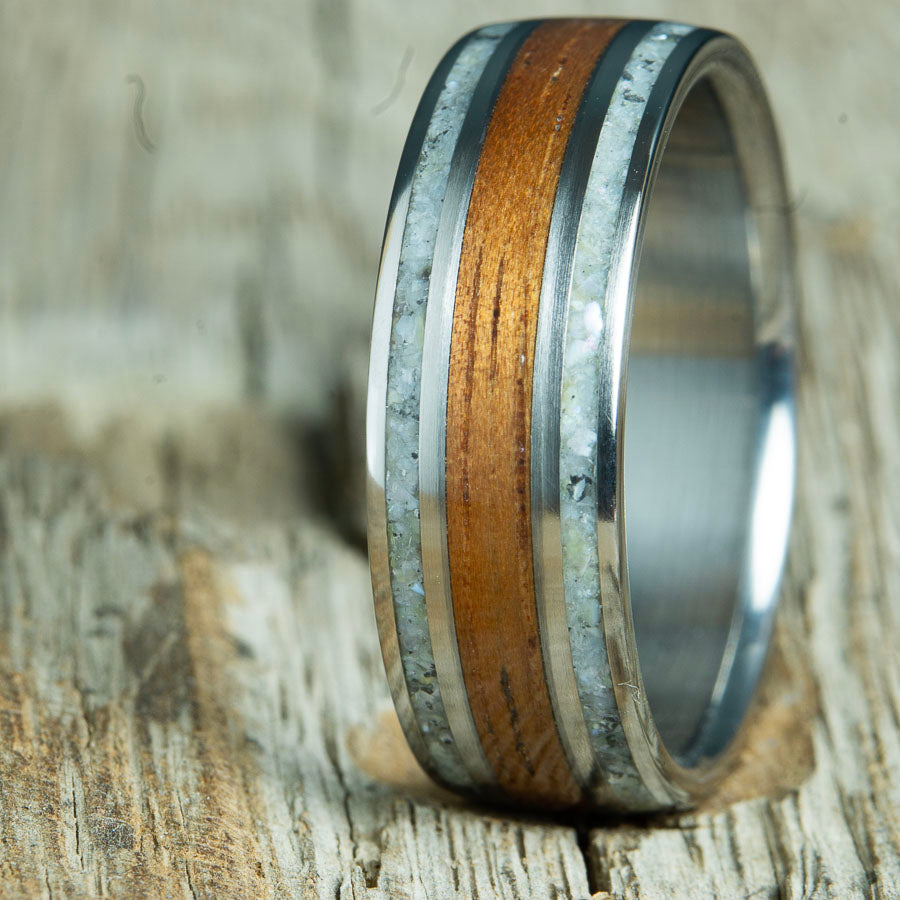 Koa wood ring with pearl inlays, domed