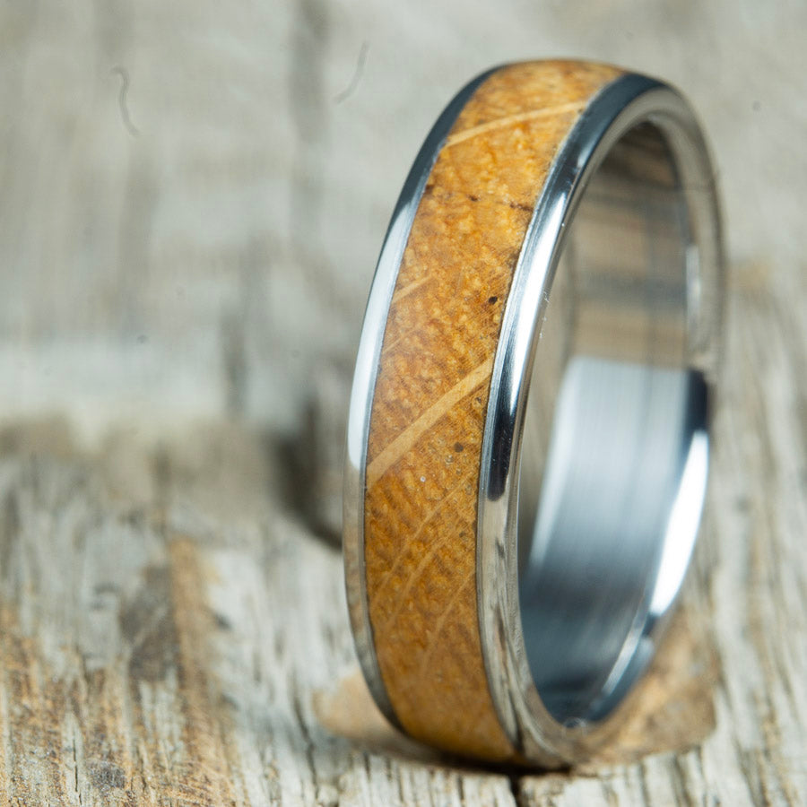reclaimed wood ring- domed whiskey barrel wedding band