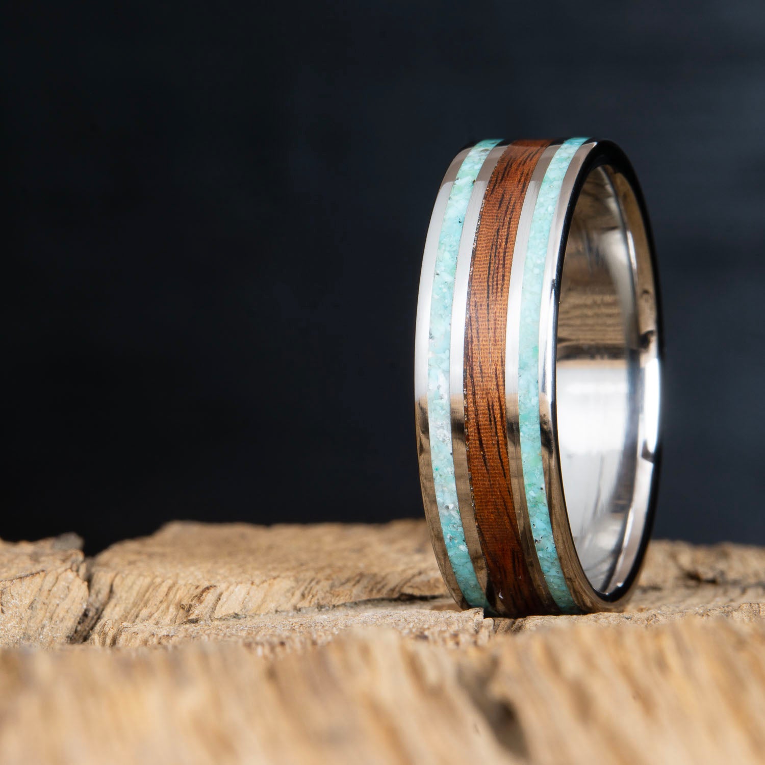 Rosewood and turquoise mens wood wedding band