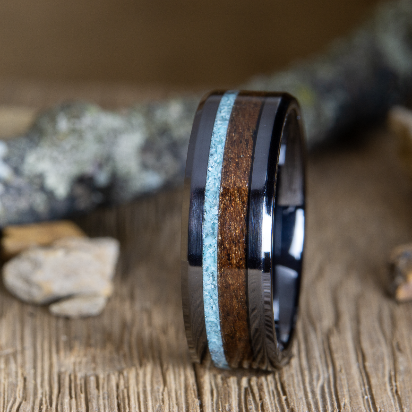 black walnut and turquoise ring