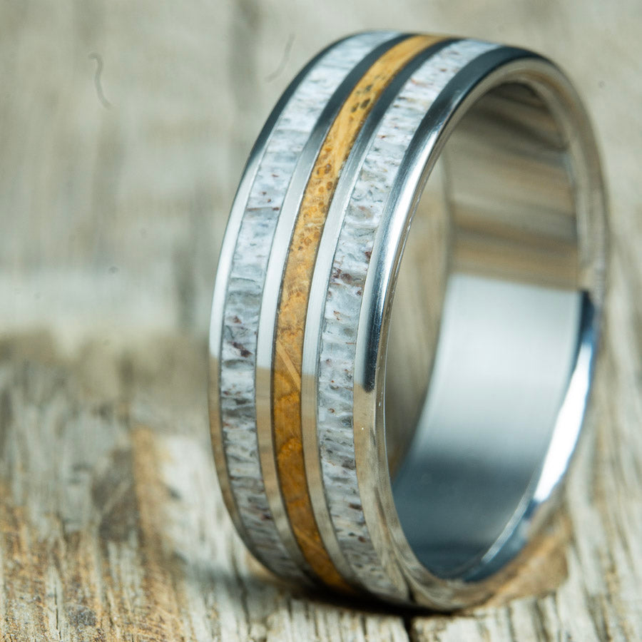 Antler and whiskey wood wedding rings