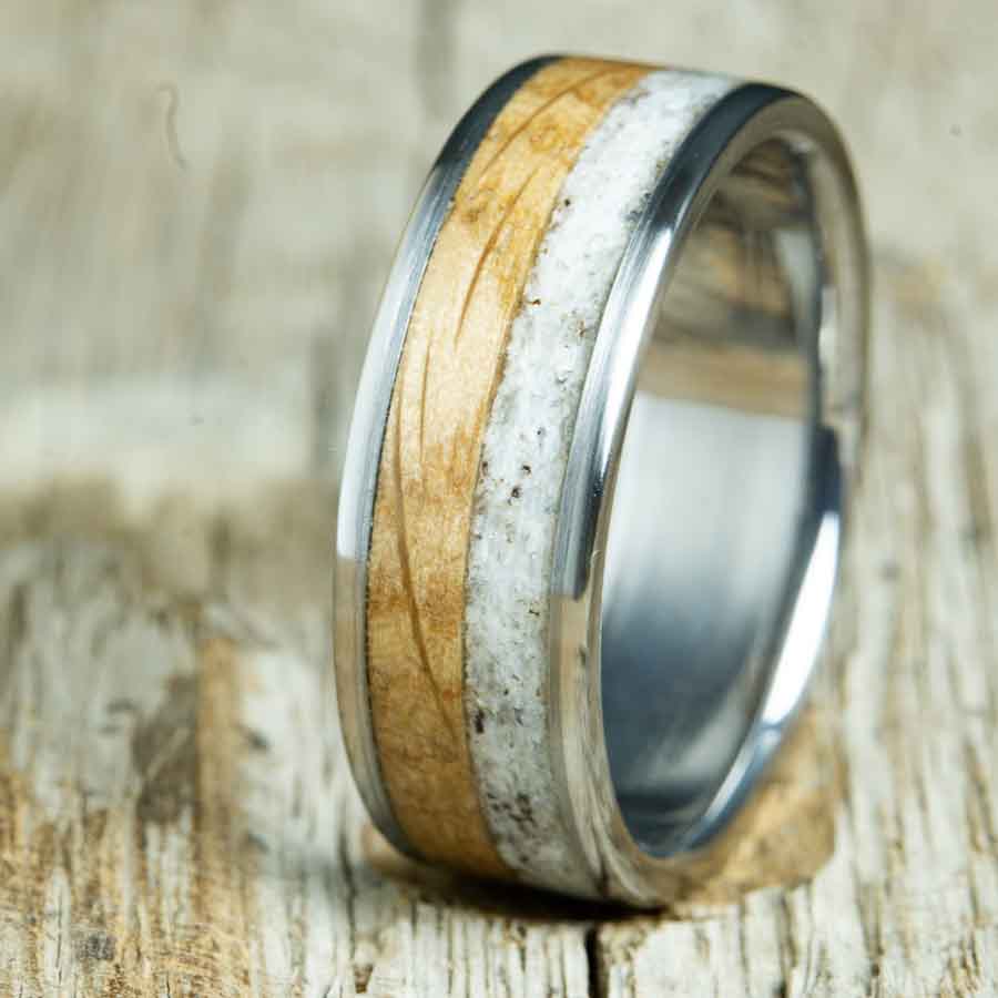 Mens titanium ring with Antler and Whiskey barrel wood