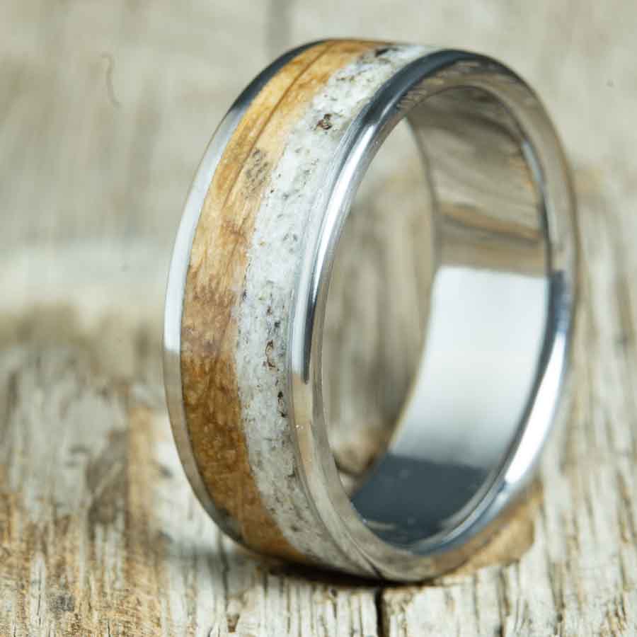 mens ring with antler and whiskey barrel wood