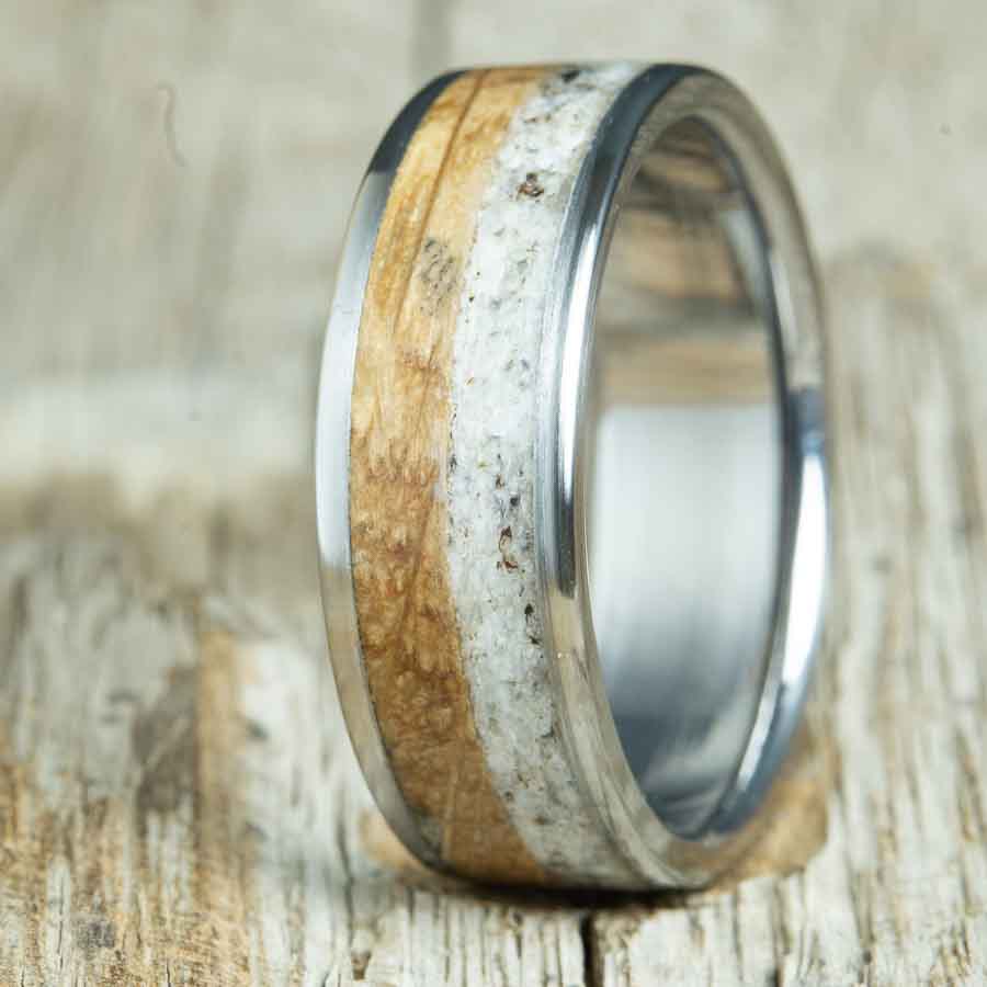 antler and whiskey barrel wood ring