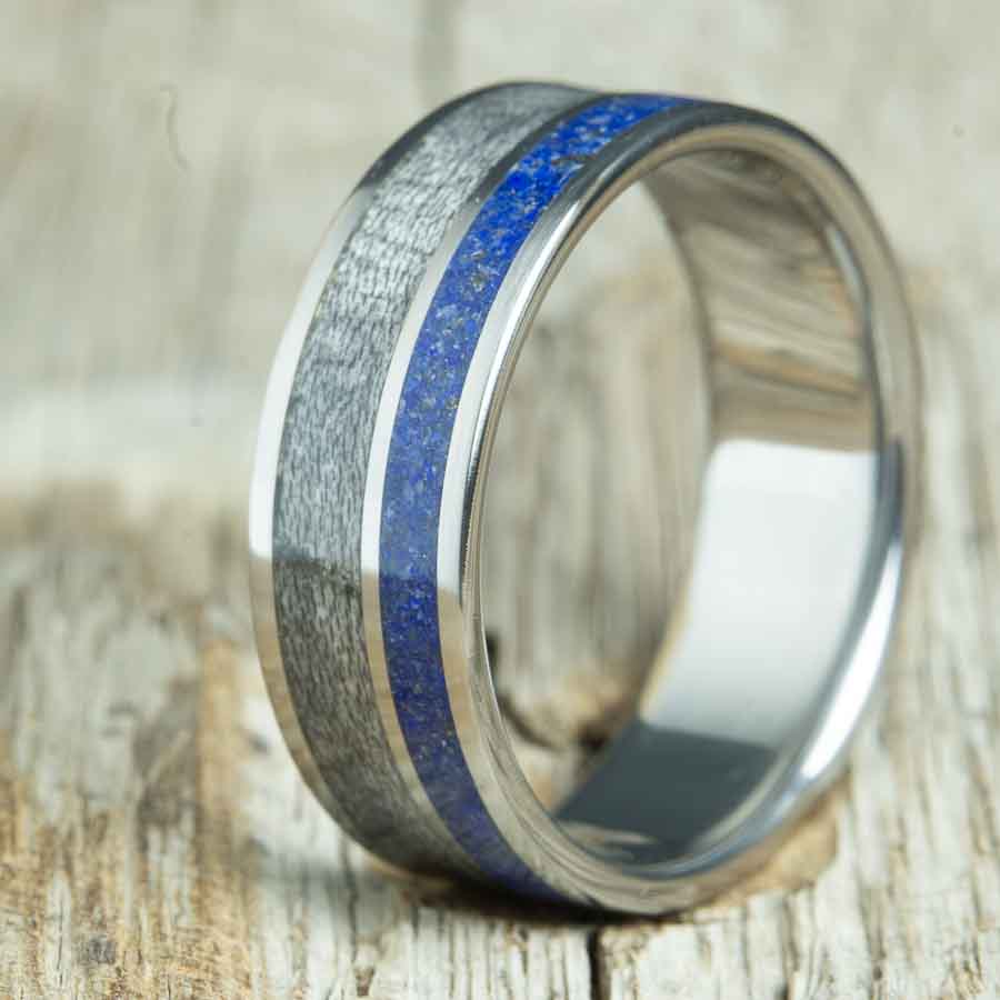 wooden wedding band  with barnwood and lapis inlays