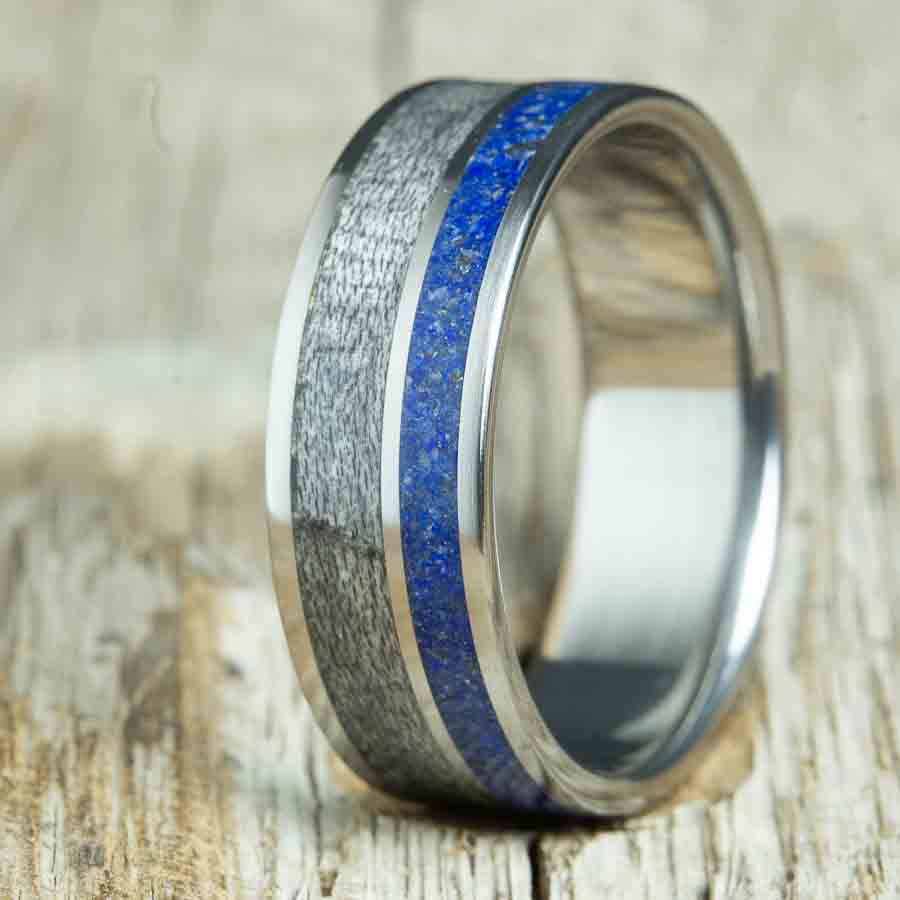 Mens ring with Barnwood and Lapis inlay