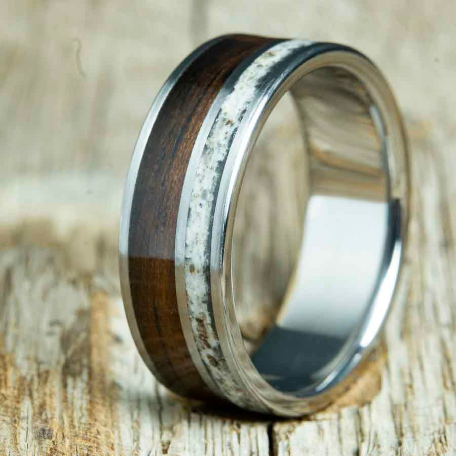 titanium mens ring with Ebony wood and deer antler