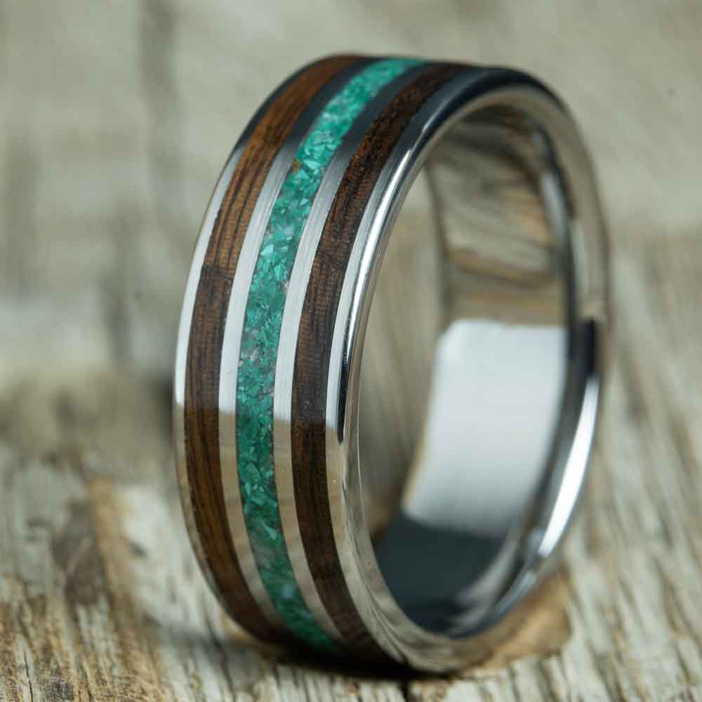 titanium wood mens ring with malachite and rosewood inlay