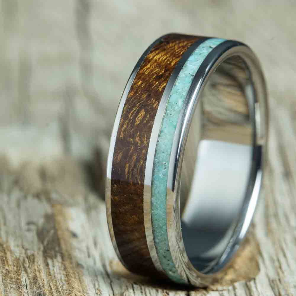 Ironwood and turquoise mens ring with polished titanium