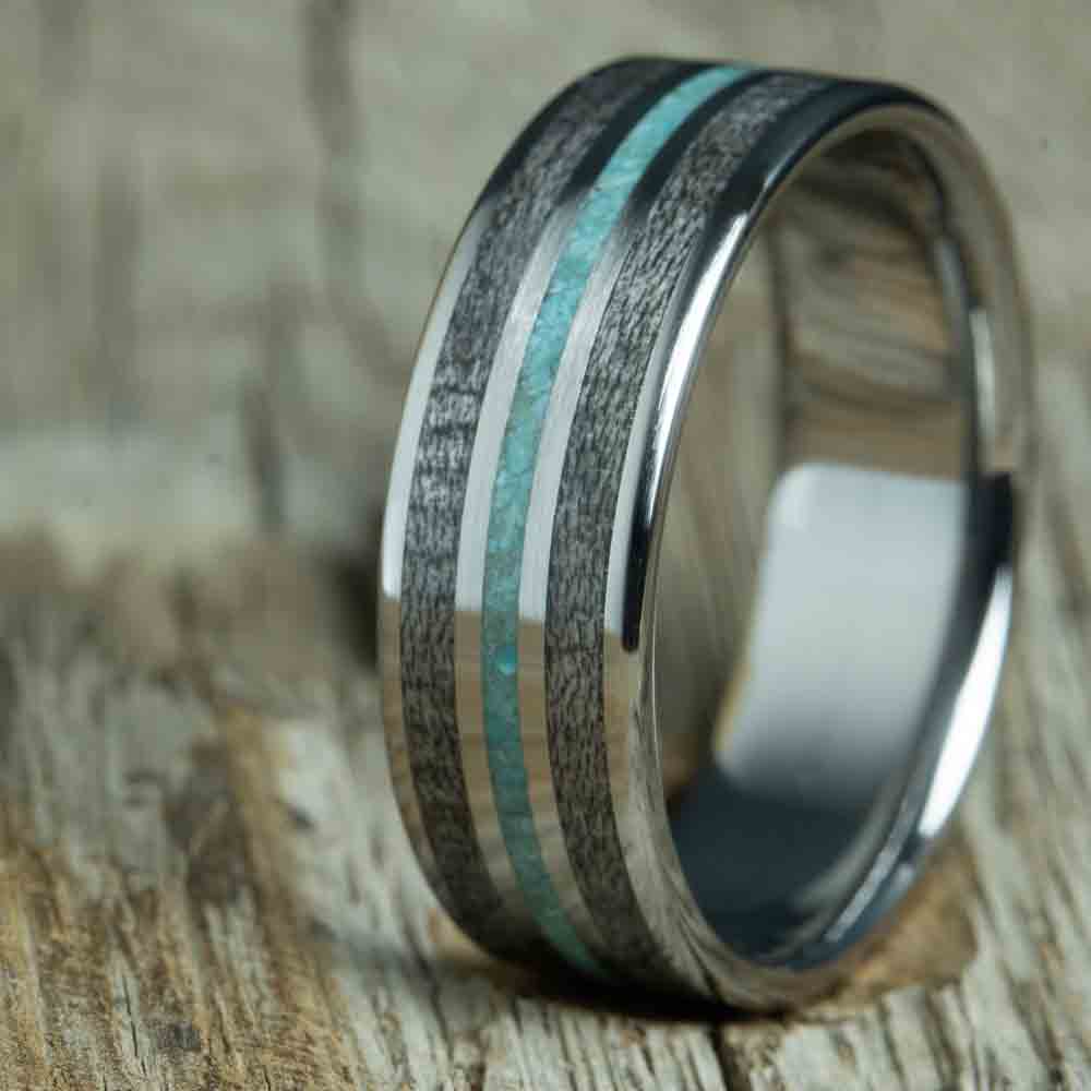 mens wooden ring with barnwood and turquoise inlay