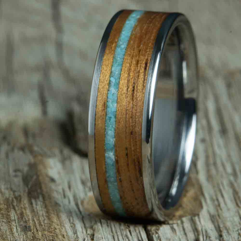 Titanium ring with Koa and turquoise pinstripe