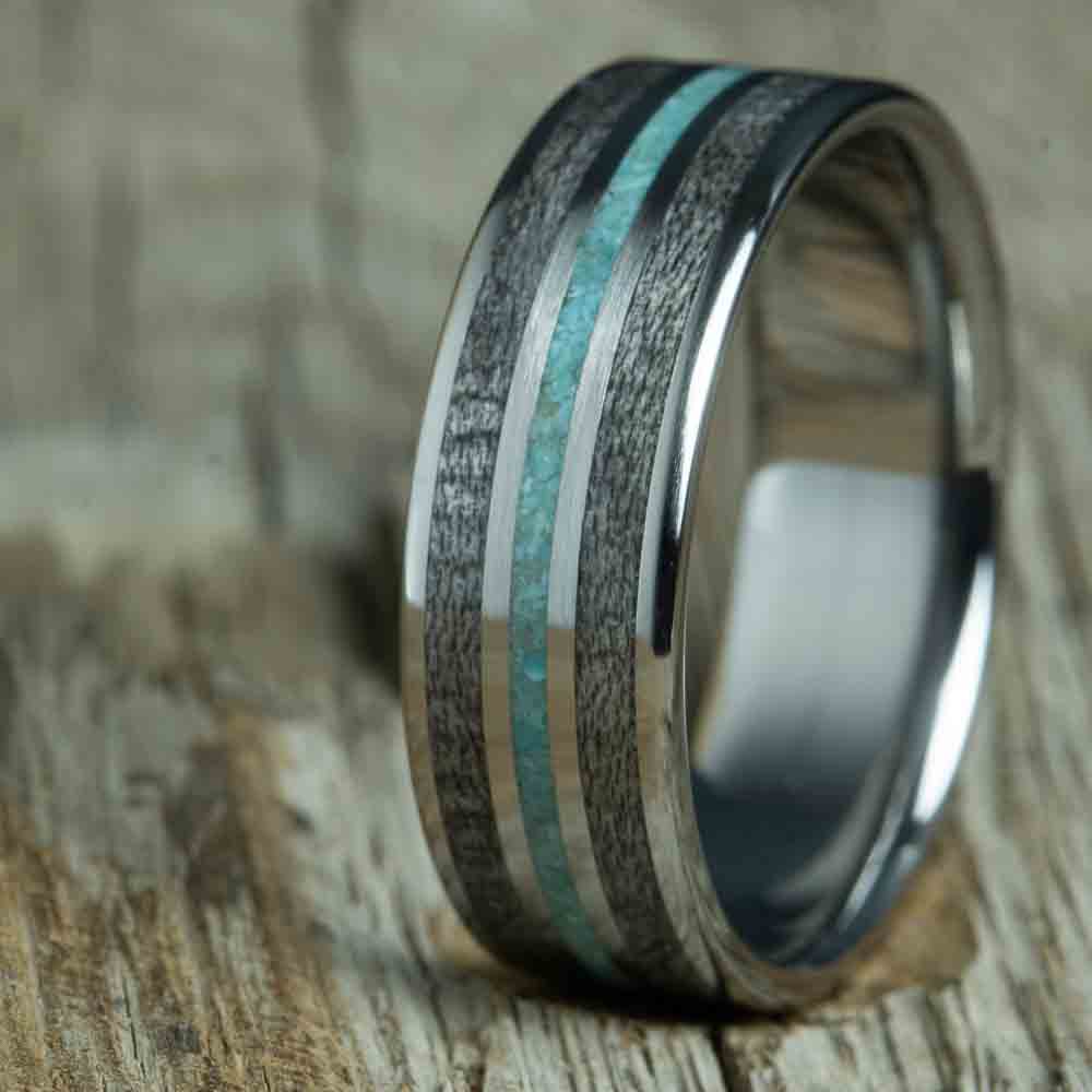 barnwood and turquoise inlay wedding ring